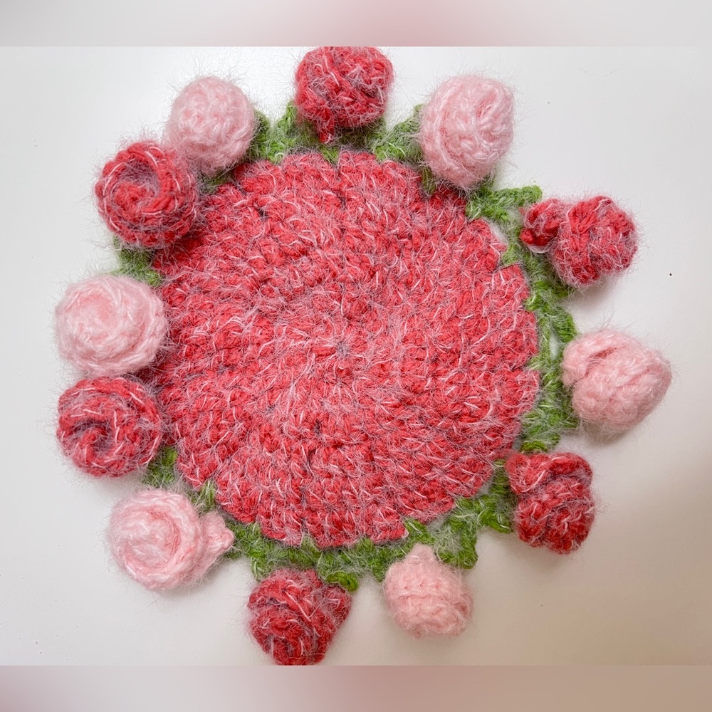 Handmade-knitted coasters With rose and white handmade-knitted basket